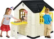 HONEY JOY Playhouse for Kids, Outdoor Garden Games Cottage w/Working Doors & Windows, Pretend Toy House w/Picnic Table, 7 PCS Toy Set & Tray, Waterproof Cover, for Boys & Girls Ages 3+ (Yellow)