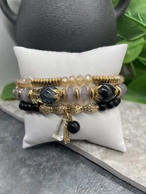 3 PC Handmade Bohemian Beaded Stackable 7" Plus Stretch Bracelet Set New B1041