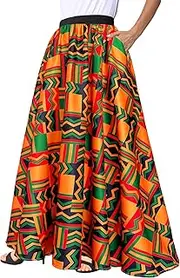 [Afibi] Women African Skirt Printed Ankara Maxi Skirt Dashiki Long Skirts with Pockets
