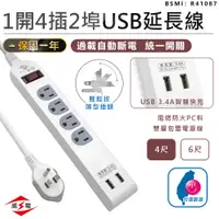 在飛比找松果購物優惠-【最新安規！威電 1開4插2埠USB延長線6尺】延長線 插座