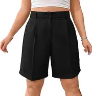 [Generic] Women's Bermuda Shorts Elastic Waist Wide Leg Business Pants Slim High Waist Knee-Length Shorts