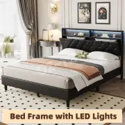 Bed Frame Double Size Mattress Base Platform with Storage Headboard Wooden Led