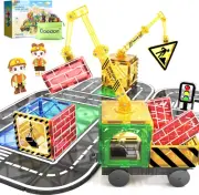 Kids Games Magnetic Tiles Road Set with Extendable Magnetic Crane, City Construc
