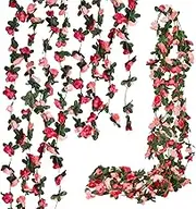 Flower Garland 8PCS 63Ft Artificial Rose Vine Hanging Flower Vines with Green Leaves Floral Garland for Wedding Wall Arch Party Decor (Pink)