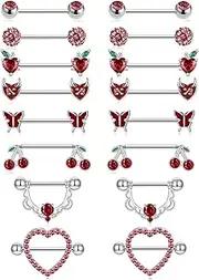 [Akeoqi] 8 Pairs Nipple Rings Tongue Ring 14G Stainless Steel CZ Ball Butterfly Cherry Heart Apple Straight Nipple Barbells Body Piercing Jewelry for Women Silver Red Tone 16mm