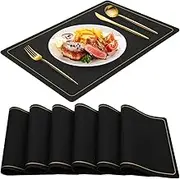 ACEmedia Black Placemats for Dining Table Set of 6, Waterproof Wipeable PU Leather Place Mats Indoor, Washable Kitchen Table Mats for Easter Thanksgiving Christmas New Year Party Home Deco