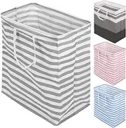 [Rustark] 1 Pack 100L Large Collapsible Laundry Basket Hamper with Sturdy Handles, Freestanding Laundry Basket Gray and White Stripe Laundry Hamper for Laundry, Bedroom, Dorm, Toys, Storage