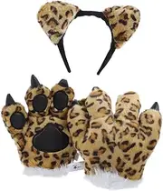 GRIRIW Leopard Gloves Set Winter Warm Furry Mitts Claw Gloves with Headband Cosplay Accessory for Men Women
