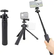 Labymos Q-5 18.7-Inch Mini Desktop Tr Extendable Selfie Stick with 360°Rotatable Ball Head 4 Sections 1kg/2.2 Load Capacity with Phone Clip 1/4in Quick Release Plate & Sports Camera Adapter for