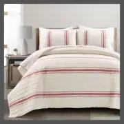 3pc California King Farmhouse Striped Reversible Quilt Bedding Set Red - Lush