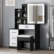 ALFORDSON 4-Drawer Dressing Table, Lockable Drawer & Sliding Mirror, Vanity Set for Bedroom, 80x36x131.5cm, Black White Color - 10 Brightness Levels, Hidden Storage Stool