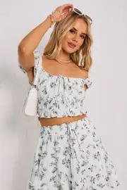Green Ditsy Crop Top Short Sleeve Ruched - Size 16XL, Women's Crop Top