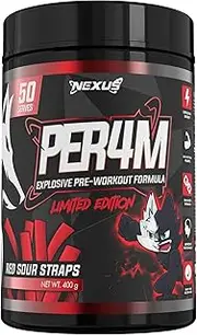 Nexus PER4M Pre Workout Powder Supplement, English Walnut, Alpha GPC, Caffeine Anhydrous, L-citrulline, Beta Alanine, Taurine, L-Tyrosine, Dairy & Gluten-Free, 50 Servings (400g) (Red Sour Straps)