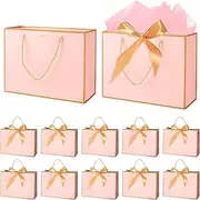OundarM 12 Pack 32 x 25 x 11CM Large Pink Gold Bow Gift Bags with Handles with Tissue Papers and Ribbons, Gift Paper Bags Bulk for Bridesmaid Birthday Mothers Day Wedding Valentine Day Anniversary