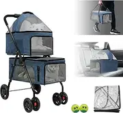 BESTHLS Double Pet Stroller for 2 Small Dogs or Cats Lightweight Foldable Double Dog Stroller with Detachable Carrier for Travel Camping (Navy)