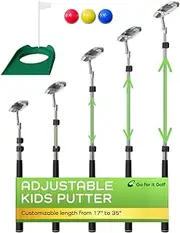 Go For It Golf Kids Putter with Extendable Shaft - Adjustable Size for Junior Golfers - Left and/or Right Handed - Ideal Training Club for Children, Youth - Includes 3 Pcs Balls - Silver, 17"-35"