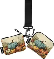 [XYMZR] Mini Zip Around Wristlet keychain Wallet Vintage Thanksgiving Harvest Pumpkin for Women Personalized Pattern Detachable Dual Pouch Wristlet Portable Wallet Phone Coin Purse, Multi-colored, One