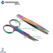 Sharp Curved Cuticle Nail Scissors & Slant Tweezers Rainbow Multi-Color