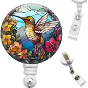 Hummingbird Retractable ID Holder Badge Reel Faux Stained Glass Art Print