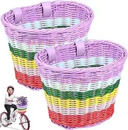 2Pcs Kids Bike Basket Colorful Bicycle Basket Wicker Front Handlebar Basket Handwoven Toddler Scooter Baskets Waterproof Tricycle Basket with Adjustable Strap for Boys Girls Bicycle Scooter Tricycle