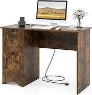 Giantex Computer Desk with Drawers, Home Office Desk with Charging Station, Modern Study Writing Desk with Cable Hole, PC Laptop Desk, Computer Workstation for Bedroom, Study (Rustic Brown)