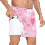 [GuoChe] Swim Trunks for Men Mens Double Layer Workout Shorts Valentine's Day Cute Hearts Fashions Pink with Compression Liner, Valentine's Day Cute Hearts Fashions Pink, X-Large