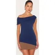 Navy Fold Over Cotton Asymmetric Hem Long Top, Navy