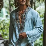 Men's Shirt Linen Shirt Popover Shirt Summer Shirt Beach Wear Plain Vacation Holiday Sky Blue Long Sleeve Deep V Summer Spring Clothing Apparel Ethnic