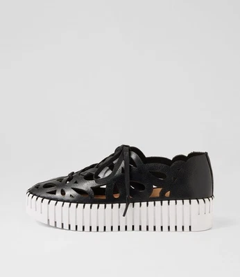 New Django & Juliette Bello Black White Leather Sneakers Womens Shoes Casual