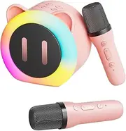 Pink Pig Kids Karaoke Machine with 2 Wireless Microphones, Gift Toy Mini Karaoke Bluetooth Speaker for Girls 3-12 Years Old Birthday Family Home Party Present