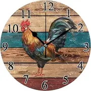 Rooster Farmhouse Wall Clock Round Kitchen Clock 10 in Non-Ticking Silent Battery Operated Quartz Atomic Analog Clocks Decorative Living Room Bedroom Home Art Decor