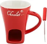 YUEHISY Ceramic Fondue Cup with Candle Heating Fork, Chocolate Melting Mug for Cheese, Broths, Desserts, Dishwasher Safe (Red)