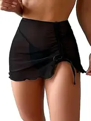 [Generic] Women's Mesh Sheer Summer Drawstring Solid Split Bikini Cover Up Skirt Split