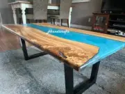 Blue Epoxy Resin Table Top Live Edge Walnut Custom Order For Home Furniture