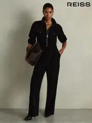 Reiss Black Vinnia Patch-Pocket Velvet Jumpsuit (AB9335) | $545