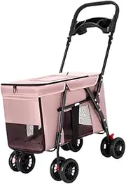 Dog Stroller Pet Stroller Foldable with Zipper Sturdy Large Space Stable Carrier Trolley Jogging Stroller Cat Travel Cart, Pink