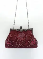 Elegant 1920s Vintage Burgundy Rose Evening Clutch Bag with Beaded Sequin