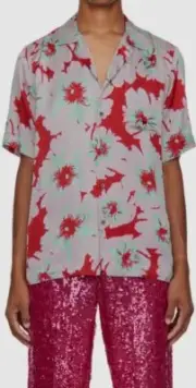 $635 Dries Van Noten Men's Pink Satin Floral Carltone Shirt Size 46