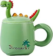 NQQNQQ Be-G Dinosaur Mug Cup with Lid and Spoon, 400ML Ceramic Coffee Mug for Tea & Coffee, Cute Dinosaur for Christmas, Holiday Teacup for Women. (Dino/Green)