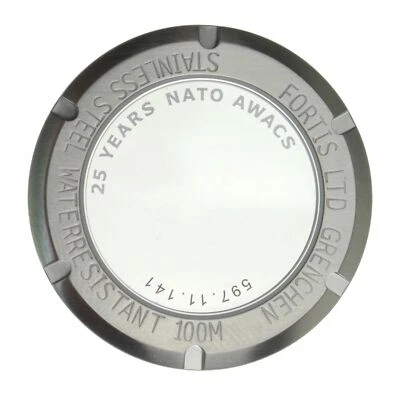 Genuine FORTIS glass case back, brushed, Flieger 597.11.141, 25 YEARS NATO