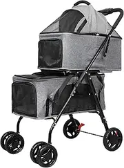 PaWz Two-Tier Pet Stroller,Dog Pram Jogger with Mesh Window,Cat Travel Carrier Foldable,Pet Bike Trailer for Dogs,Cats - Baskets & Cushion Removable,Grey