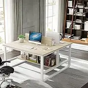 Modern Two Person Desk with Partition Double Computer Table for Home Office Dual Workspace Desk with Storage Shelves Ideal for Home Office and Enterprise 47 Inch White