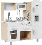 HONEY JOY Kids Kitchen Playset, Wooden Pretend Cooking Playset w/Telephone, Stove, Fridge, Microwave, Removable Sink, Water Dispenser w/Light Sound, Shelf, Cabinets (White)