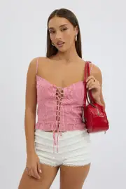 Red Check Corset Top Sleeveless Lace Up - Size 14L, Women's Corset