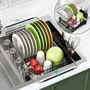 Romision in Sink Dish Drying Rack - Dish Drainers with Drainboard for Kitchen Counter, Over Sink Dish Drying Rack Use for Countertops, Stainless Steel Dish Racks with Utensil & Cup Holder, Black