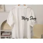 ~MARY SHOP~超特價新款100%空運夏天薄棉紗日系刺繡蕾絲娃娃領別緻後領片短袖公主袖包扣短袖襯衫上衣白色