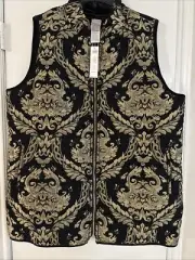 Chico’s Women’s Black Gold Jacquard Full zip vest Reversible Pockets Sz 3 NWT