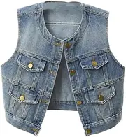 [OFFSUM] Women'S Denim Vest - Spring Summer Korean Style O-Neck Denim Vest Sleeveless Jacket Coat Solid Color Single Breasted Waistcoat Streetwear