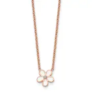 Stainless Steel Polished Rose Ip-Plated/Enameled Flower W/Cz Necklace