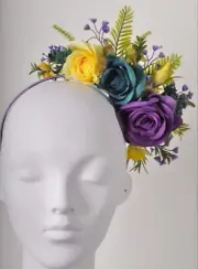 Teal Blue Lemon Yellow Violet Purple Fern Rainbow Bright Berry Rose Floral Fa...